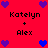 Red background with pixelated text 'Katelyn + Alex' and purple/blue heart icons arranged around the text.