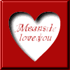 Red square with white heart cutouts containing text phrases like 'Means I love you' and 'Roses are red', each phrase repeated across multiple