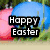 Pixelated Easter-themed icon with large blue and pink eggs, green grass, and 'Happy Easter' text overlay.