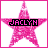 A 4-frame contact sheet of a pink star-shaped animated icon with the name "JACLYN" displayed in black text across each frame, showing subtle variations in pixel density and brightness between frames.