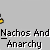 Pixelated yellow figure with white head in repeated poses above text reading "Nachos And Anarchy" and Spanish phrase "¡Que pasa!" on gray background.