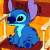 Pixelated blue cartoon character with large purple ears and black eyes sitting against a warm orange-red background.