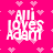 A pink background with small heart patterns and white text reading "Ami loves Adam" in a pixelated style.