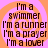 Pixelated text reads 'I'm a swimmer I'm a runner I'm a prayer I'm a lover' on alternating orange and pink spiral backgrounds.