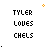 Animated pixel art icon with text 'TYLER', 'LOVES', and 'CHELS' in black, featuring color variations on letters and small star-like sparkles around the text.
