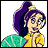 Pixelated cartoon character with purple hair, yellow top, and green shoulder piece against white background.