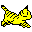 Pixelated yellow cat-like creature with black outlines on gray background, static single-frame image.