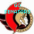 A circular red and gold emblem with a horse head, overlaid with cyan text that changes across frames.