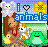 Pixel art buddy icon featuring a girl with long brown hair, multiple animals including cats and a duckling, a sunflower, and the text 'i ❤️ animals' on a blue banner.