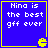 Blue square with yellow border displays white text 'Nina is the best gff ever' and a yellow Pac-Man icon in bottom-right corner, with visible animation changes across four
