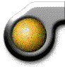 Three identical pixelated yellow spheres in black circular frames with white outlines, arranged in a on a gray background