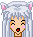 Pixel art character with silver hair and pink cat ears showing five facial expressions in a