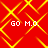 Red background with yellow diamond lattice pattern and four identical white text instances reading "GO M.O." in pixelated font.