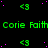 Green text repeats 'Corie Faith' and '<3' symbols on black background with scattered pink dots, partially obscured by gray rectangle.