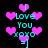 Pixelated cyan text "I Love You xoxo =]" surrounded by pink hearts on black background, with visible animation changes across frames.