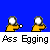 Pixelated character with white head and yellow body holding a small white ball, cycling through 'Ass' and 'Egging' text labels on gray bars below.