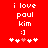 Red background with white pixelated text reading 'i love paul kim :]' and five heart symbols below, where the third heart is pink.