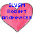 Pixelated heart-shaped icon with blue text reading 'ILYSM Robert Andrew<33' on a pink background.