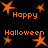 Animated orange starbursts and text on black background with 'Happy' and 'Halloween' in pixelated font.