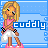 Pixelated character with blonde hair and pink top stands against blue background, text "cuddly" appears in blue box with white letters.