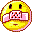 Yellow circular face with pink border, bandaged mouth showing red X pattern, black eyes, and changing mouth expressions across frames.