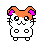 Pixel art hamster with orange hair, pink inner ears, white body, black eyes and whiskers, two round belly spots, and small legs on gray background.