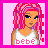 Pixel art contact sheet showing four frames of a pink-themed animated buddy icon featuring a female character with pink hair, white tank top, and pink skirt holding a pink purse.