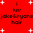 Red background with white starbursts and repeated black text reading 'i luv jake&ryans hair' in two