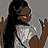 Pixelated image of a person with long dark hair wearing a white top, holding a brown object against a gray background.