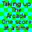 Green and cyan checkered background with repeated black text reading "Taking up The Arcade One score at a time" in pixelated font.