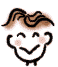 Two cartoon-style character faces with brown wavy hair, black outlines, and pink cheeks; left face has closed eyes and raised arms, right face has open eyes and one arm extended.