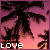 Pixelated palm trees against a pink-to-orange gradient sky with animated text and heart symbols changing across frames.