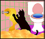 Animated scene of a black cat reaching for a toilet paper roll in a bathroom with pink tiled walls and a white toilet.