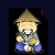 Pixelated character in conical hat and blue pants holding a yellow object, with red text overlays changing across frames.