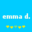 Blue background with white text 'emma d.' repeated twice, each followed by five pixelated symbols in yellow and green.