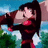 Pixelated image of a character with long dark hair, pink lips, and red accents on clothing against blue sky and green foliage background.
