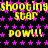 Yellow text 'shooting star' and 'pow!!' repeats on black background with pink stars, no visible animation changes.