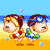 Pixelated beach scene with two cartoon characters in swimwear, showing sequential poses and interactions against a blue sky and ocean backdrop.