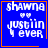 Blue square icon with orange border displaying white text 'shawn' above two hearts, 'justin' below, and 'ever' at bottom; four variations show different corner symbols.