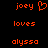 Pixelated orange text on black background with 'joey' above 'loves' above 'alyssa', left side includes a heart symbol next to 'joey'.
