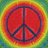 A pixelated peace symbol with a red center, dark blue outline, and rainbow gradient background transitioning from green to yellow to orange.