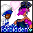 Pixel art contact sheet showing two frames of an animated buddy icon with a character holding balloons and the word 'forbidden' at the bottom.