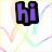 Pixelated icon with purple 'hi' text on black background, surrounded by pastel-colored diagonal lines in pink, yellow, green, and blue.