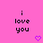 Pixelated text 'i love you' in black on pink background with two purple heart icons below.