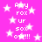 Pink background with white stars and repeated text 'Amy rox ur sox off!!!' in pixelated font.