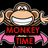 Pixelated monkey character with brown fur, pink cape, and white teeth; text "MONKEY TIME" in varying colors below.