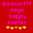 Red background with pink text reading "EleanorT17 says happy easter" and yellow/brown flower icons below, showing animation change in one brown icon.