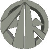 Circular 3D icon with geometric mountain-like shapes inside a ring, rotating through multiple angles showing metallic and matte surface variations.