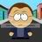 Pixelated cartoon character with light brown hair, large white eyes, and a neutral expression wearing dark blue clothing against a blurred background.