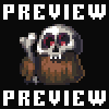 Pixel art skull with red eyes holding a bone, wearing brown and green clothing, framed by 'PREVIEW' text above and below on black background.